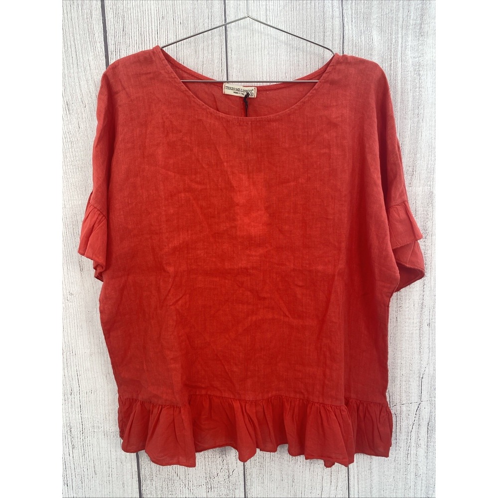 Terzo Millennio Linen Top Womens SMALL Red Blouse Ruffles Natural Summer Beachy